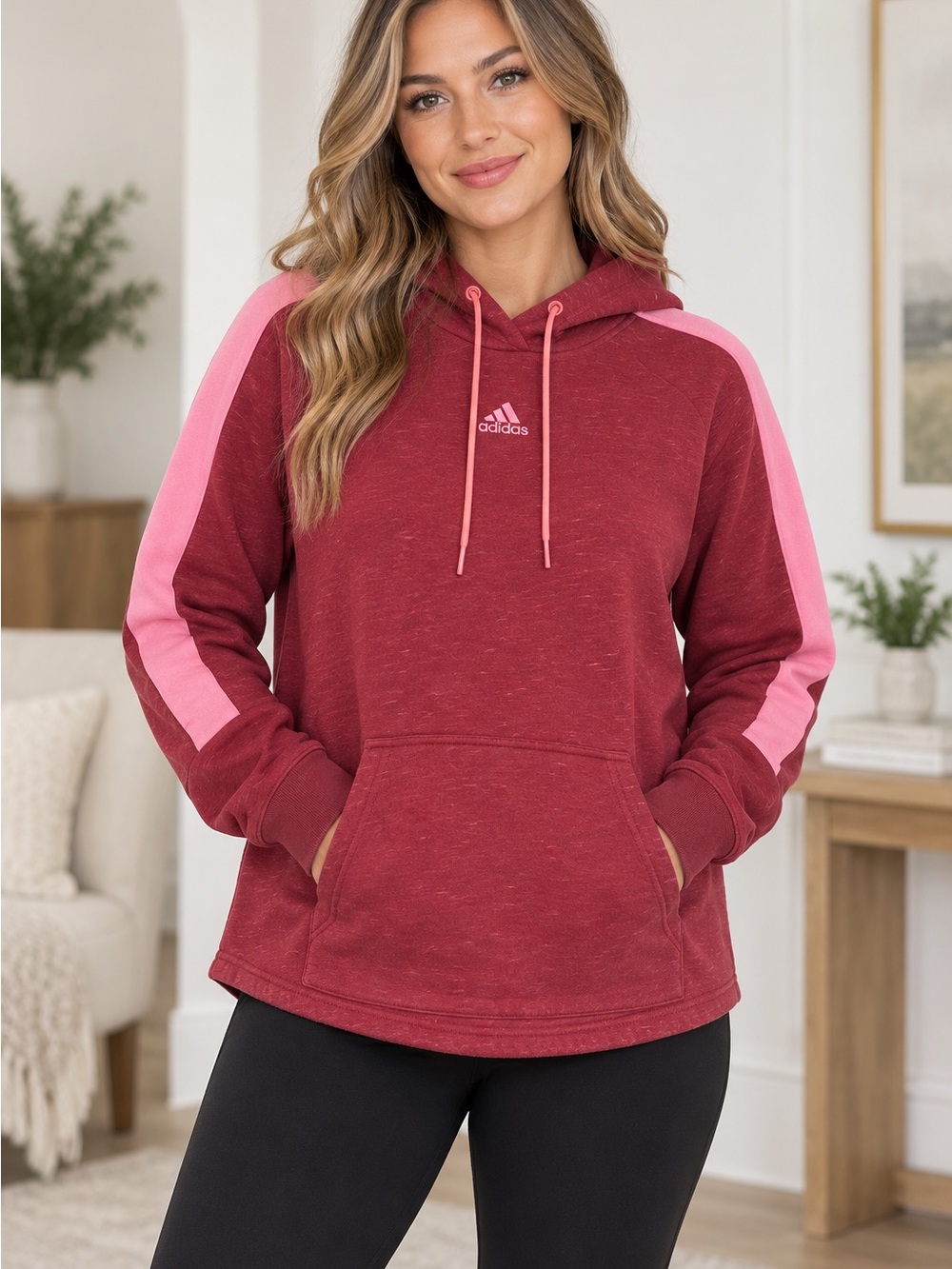 adidas Women's Maroon Hooded Pullover with Pink Stripe